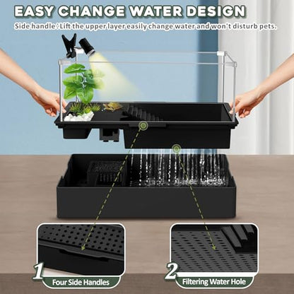 GOZILLA Small Turtle Tank Kit+Water Pump+Lamp, Acrylic Turtle Tank Starter Kit with Adjustable 5W Water Pump and Timing/Dimming Lamp, Multi-Functional Area for Small Turtles(Black Kit). - color: Black Kit