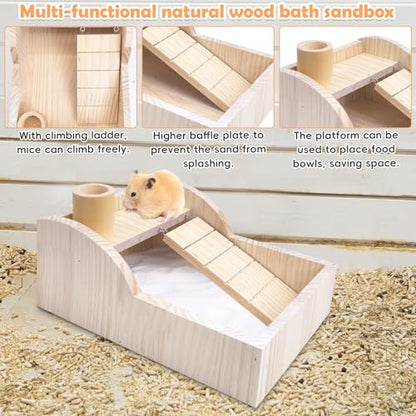 PINVNBY Hamster Sand Bath Box Wooden Small Animals Shower Room & Digging Sand Bath Container with Bowl for Dwarf Syrian Mice Mouse Gerbil and Other Small Animals