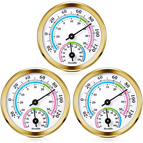 Weewooday 3 Pcs Indoor Outdoor 2 in 1 Mini Thermometer Gold,2.2 Inch | Analog Dial for Home Office Greenhouse Basement, Temp Humidity Combo Meter, No Battery Mechanical Design, Easy Wall Hanging - color: Gold, size: 2.2 Inch