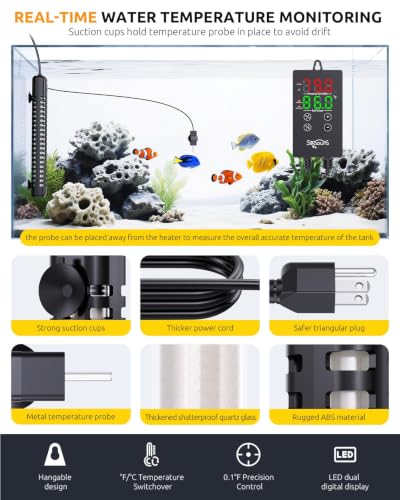 SEAOURA 500W Aquarium Heater for 70-80 Gallon Fish Turtle Tank Thermostat | Adjustable Max & Min Temp Protection, 14 IN Intelligent Submersible Heater Auto Shut-Off Digital Display Salt/Freshwater - size: 70-80 Gallon Tank