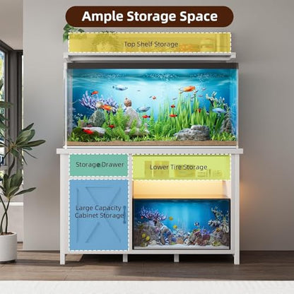 55-75 Gallon Fish Tank Stand with Storage, Aquarium Stand with Shelf, White | 49.2 x 19.7 In Top, Upper Shelf, LED Light, 2 Outlets, 2 USB Ports, Metal Frame Support, Turtle Tank Stand, 1100 LBS - color: White