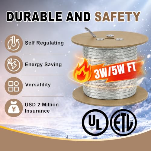 HEATIT Industrial Bulk Heat Cable 5W/ft for Metal & Plastic Pipes 50ft 120V | Provides self-regulating heat to help reduce unnecessary energy use. Safe to overlap without creating hot spots. - color: 5W-120V, style: 50 Feet