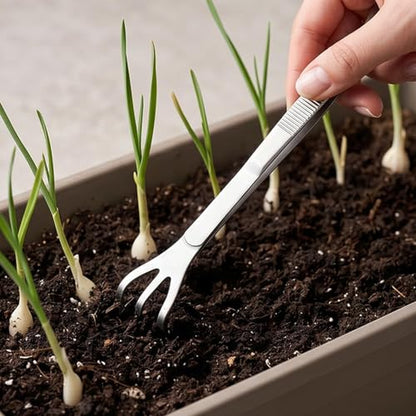 2-in-1 Bonsai Tweezers Set - 8.8" Stainless Steel Long Plant Tweezers with Rake & Spatula Tips, Straight + Curved Tools for Bonsai, Succulents & Terrariums