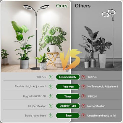 Halo Grow Lights, Dual-Head 6000K LED Floor Plant Light with Base | Full Spectrum 168LEDs Grow Lamp, 3 Color Modes, Timer 6/12/16H, 5 Dimmable Levels, 67'' Adjustable Height, Gooseneck - size: Dual Head（Height 67'')