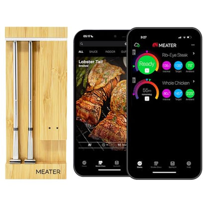 MEATER Pro Duo WiFi & Bluetooth Thermometer, 2-Probe, 1000°F, 6 Sensors | 1000°F heat resistance, long range, six sensors. Bamboo charger. For BBQ, oven, grill, smoker, air fryer, deep fryer.