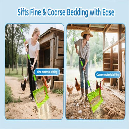 12" 2-in-1 Chicken Poop Scooper & Rake (US Patent No. D1124534), 3-Shape Sifting Holes Chicken Coop Rake, Stainless Steel Handle (20–61") - Litter Scoop Sand & Sifting Shovel (Green) - color: Green