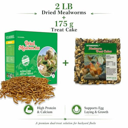 2LB Dried Mealworms with 175g Pecking Treat Cake for Chickens | Ducks & Wild Birds - High Protein Natural Poultry Treats