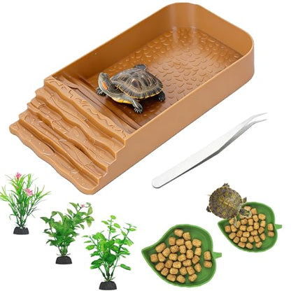 7 PCS Reptile Water Dish Bathing Pool Tortoise Habitat Accessories | plastic,water proof,multi-function,with climbing ramp food dishes reptile plants tweezer,for turtle gecko snake frog - color: faint yellow