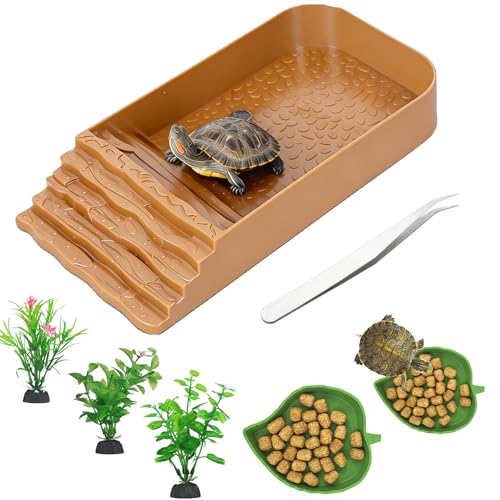 7 PCS Reptile Water Dish Bathing Pool Tortoise Habitat Accessories | plastic,water proof,multi-function,with climbing ramp food dishes reptile plants tweezer,for turtle gecko snake frog - color: faint yellow