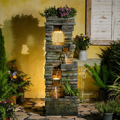 Tankana 60 inches Large Outdoor Water Fountain Waterfall — Garden Rock Fountains 4-Tiered Waterfalls Outdoor with Lights Natural Stone Look Hollow Fountain for Patio Pool Porch Backyard, Stone Gray