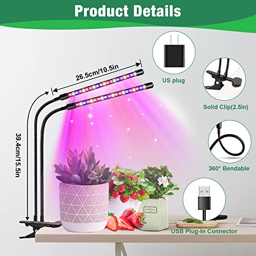 Grow Lights for Indoor Plants, 2 Heads Clip On Plant Light, 40 LEDs | RedBlue Plant Light, Timer 6/12/16Hrs, 3 Spectrums, 5 Dimmable Levels, Flexible Gooseneck - size: (1 Pack)2 Arms