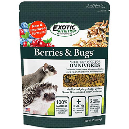 Berries & Bugs 1.5 lb - All Natural High Protein High Fiber Food for Hedgehogs, Skunks, Opossums, Sugar Gliders - Universal Insectivore Diet with Fruit, Gut-Loaded Insects, & Healthy Vitamins - size: 1.5 Pound (Pack of 1)