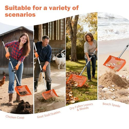 12inch Chicken Poop Scooper & Rake 2-in-1 with Adjustable Handle | Heavy Duty Metal Chicken Coop Scoop for Sand, Adjustable Angle Stainless Steel Chicken Coop Rake Sifting Shovel 37-64",Orange - color: Orange