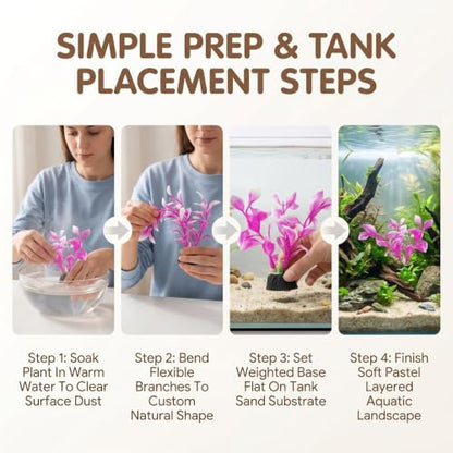 2 Pack 5.43 Inch Pink Plastic Aquarium Plants Fish Tank Decor | Waterproof Mini Desktop Bowl Aquascape Accessory with Weighted Black Base, Fits Finshes Landscapings Aquatic Habitat Layout