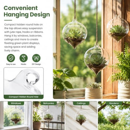 Hanging Glass Planter, 3.7x4.7in Teardrop Rope Terrarium, Transparent Hydroponic Vase for Indoor Herb Garden, Easy to Hang Air Plant Holder, Home Decoration