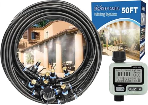 Misters for Outside Patio, Outdoor Water Misting Cooling System,50FT|15M. | Mist Hose DIY Kit w Timer for Porch,Canopy,Deck,Umbrella,Garden,Greenhouse,Yard,Plants,Trampoline Sprinkler Accessories Kids - color: Black, size: 50FT-TMR