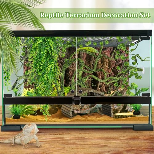 QUOZUO Bearded Dragon Tank Accessories, Terrarium Hanging Plant Vines Artificial Leaves Reptile Hide, Bridge Jungle Climber Reptile Vines for Snakes Bearded Dragon Chameleon Gecko Lizard