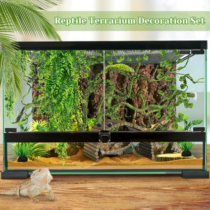 QUOZUO Bearded Dragon Tank Accessories, Terrarium Hanging Plant Vines Artificial Leaves Reptile Hide, Bridge Jungle Climber Reptile Vines for Snakes Bearded Dragon Chameleon Gecko Lizard