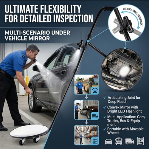 Under Vehicle Inspection Mirror with Light, Under Car Mirror 12 Inch Adjustable Angle Telescoping Handle Magnifying Vehicle Security Tool, Portable Convex Search Mirror with Carry Bag