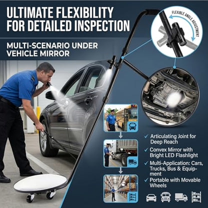 Under Vehicle Inspection Mirror with Light, Under Car Mirror 12 Inch Adjustable Angle Telescoping Handle Magnifying Vehicle Security Tool, Portable Convex Search Mirror with Carry Bag