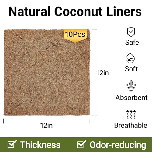 10 Pcs Reptile Carpet 12x12 Inch Coconut Fiber Mat for Tank Bedding | Natural Coconut Fiber Reptile Carpet Liner Flooring, Absorbent & Reusable For Bearded Dragons, Tortoises, Lizards & Geckos - size: 10 Pcs (12X12in)