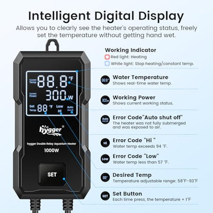 hygger 1000W Aquarium Heater, Upgraded Submersible Fish Tank Heater | Dual Protection System & LED Digital Display, Automatic Power-Off Function, for 130-260 Gal Freshwater and Saltwater Tank - size: Black-1000W for 130-260 Gallon