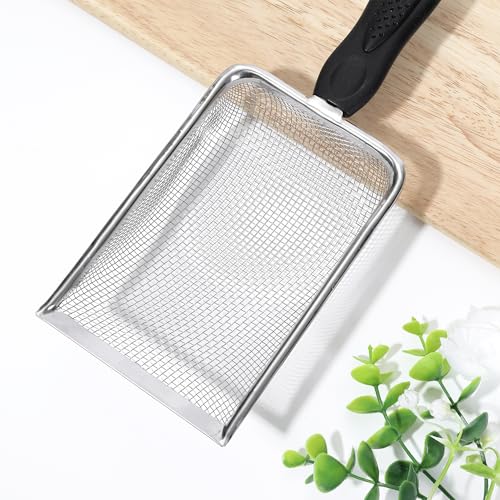 Stainless Steel Fine Mesh Litter Shovel, Reptile Cleaner Scooper | Metal Non-Slip Black Handle Sifter for Lizard Substrate, Reptile Terrarium Sand & Waste