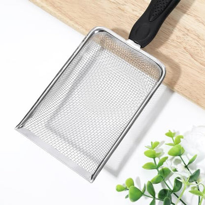 Stainless Steel Fine Mesh Litter Shovel, Reptile Cleaner Scooper | Metal Non-Slip Black Handle Sifter for Lizard Substrate, Reptile Terrarium Sand & Waste