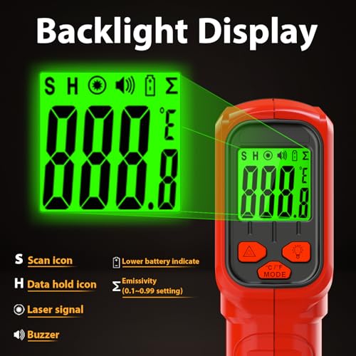 FKM Infrared Thermometer Gun Non-Contact Laser Thermometer Gun -58°F~986°F | (-50°C~530°C) Digital Temperature Gun for Cooking,Oven,Griddle,Automotive,HVAC,Industrial,Adjustable Emissivity,Not for Human - color: Red