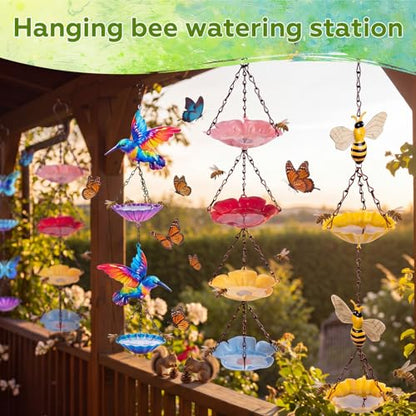 Tandefio 2 Pack Hanging Bee Watering Station for Outdoor Garden, Butterfly Feeder with Flower Bowl, Pollinator Feeding Station for Yard Patio, Bee Bath for Gardeners(Bees & Flower Style) - style: Bee & Flower Style