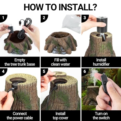 REPTIZOO Reptile Humidifier Fogger, Tree Trunk Humidifier with Top Mist Outlet, 1000ml Detachable Terrarium Humidifier Reptile Misting System Terrarium Decoration