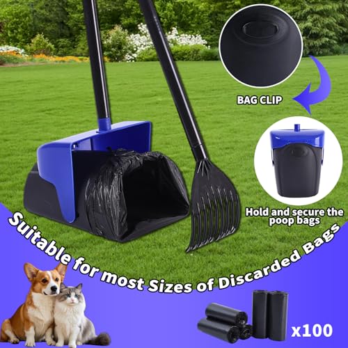 ienjoyed 43" Tall Pooper Scooper Large Swivel Bin & Rake with 100 Waste Bags,Heavy Duty Dog Pooper Scooper for Dogs, Long Handle Poop Scooper with Lid for Yard, Grass, Gravel (Blue) - color: Blue（43“ Tall）