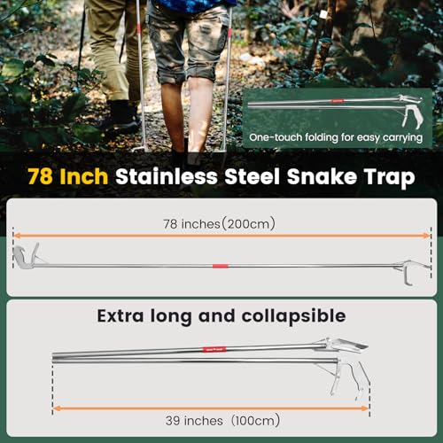 78 Inch Folding Snake Grabber Tool Extra Long Snake Tongs for Extra Safety Snake Grabber is Made of Stainless Steel for Corrosion Resistance High Load Capacity Easy to Clean and Maintain