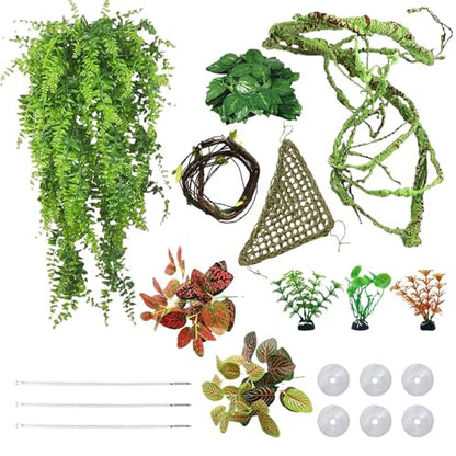kathson 10 PCS Reptile Vines Plants Flexible Bendable Jungle Climbing Vine Terrarium Plastic Plant Leaves Pet Tank Habitat Decor for Bearded Dragons Lizards Geckos Snakes Frogs and More Reptiles - size: 10 PCS