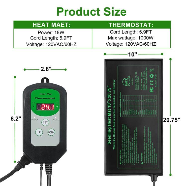 Seedling Heat Mat and Digital Thermostat Combo Set, MET-Certified Plants Heating Mat Warm Hydroponic,Germination, Indoor Gardening, Greenhouse - size: 10*20.75"- set