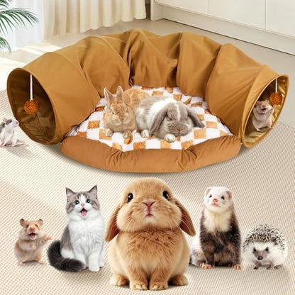 Spardar 2-in-1 Bunny Tunnel Bed, with Removable Mat Hideout, Khaki | Collapsible Tunnel Tubes Toys, Washable, Interactive Toys for Rabbits, Chinchilla, Hedgehog, Guinea, Kitty - color: Khaki