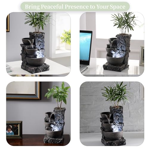 MAOCHI Indoor Tabletop Water Fountain with Planter Pot, Small Desk Waterfall with Cool LED Lights, Zen Decor for Office, Home & Bedroom, Calming Meditation Relaxation Gifts for Plant Lovers