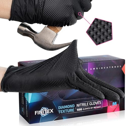 FINITEX Industrial Diamond Texture Nitrile Black Glove - 100/1000PCS Chemical Resistant 6.3mil Mechanic Disposable Gloves - color: Black (Medium 100)