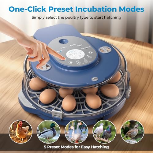 Egg Incubator for Hatching Eggs, 5 Preset Incubation Modes & 1 Custom Mode | Hatch 15 Eggs, Temperature and Humidity Adjustable Function, Automatic Egg Turning for Duck, Chicken, Goose, Pigeon and Quail