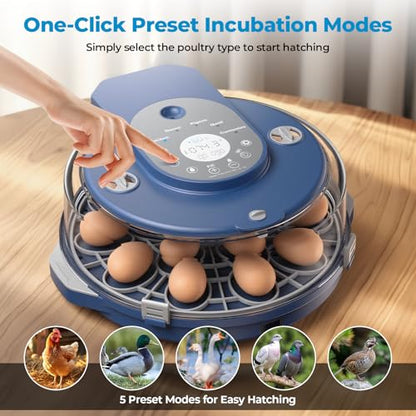 Egg Incubator for Hatching Eggs, 5 Preset Incubation Modes & 1 Custom Mode | Hatch 15 Eggs, Temperature and Humidity Adjustable Function, Automatic Egg Turning for Duck, Chicken, Goose, Pigeon and Quail
