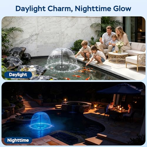 Floating Pond Fountain Pump with Lights | Remote Control RGB LED | 880GPH Pond Fountain Aerator | Floating Fountain with 3 Spray Patterns | for Ponds, Pool, Water Garden - size: For Ponds up to 8000 Gallon