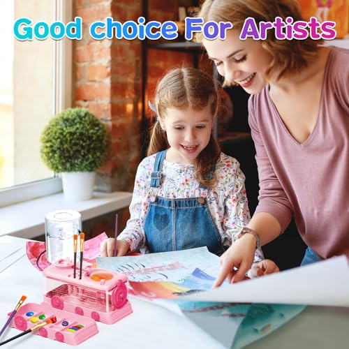 Paint Brush Cleaner Tool, Paint Brush Rinser with Holder, Pink | Water circulation paint brush washer with palette and brush holder for watercolor, acrylic, gouache, beginners and kids. - color: Pink