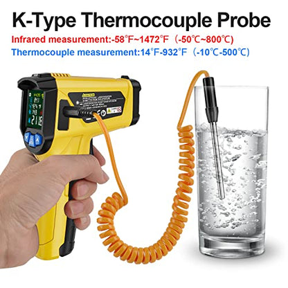 Infrared Thermometer Temperature Gun, -58°F to 1472°F, Digital Laser Thermometer Gun with Probe for Cooking, Pizza Oven, Grill & Engine, IR Thermometer Temp Gun with Adjustable Emissivity & Humidity - color: Yellow -58℉~1472℉(-50℃~800℃)