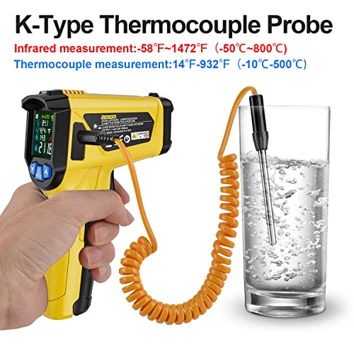 Infrared Thermometer Temperature Gun, -58°F to 1472°F, Digital Laser Thermometer Gun with Probe for Cooking, Pizza Oven, Grill & Engine, IR Thermometer Temp Gun with Adjustable Emissivity & Humidity - color: Yellow -58℉~1472℉(-50℃~800℃)