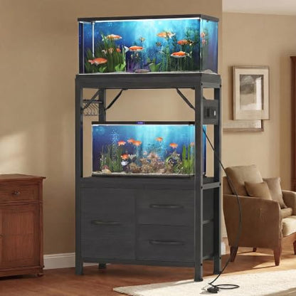 Heybly 5-10Gal Fish Tank Stand with Drawer, Power Outlet,200lbs HAS002SBK-1 | Aquarium Stand,Heavy Duty Metal Frame for Fish Tank, Turtle & Reptile Terrarium, 20.5" × 10.2" Top, Black - color: Black, size: 5-10 gal