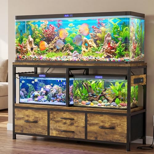 Heybly 55-75 Gal Fish Tank Stand with Drawer, Power Outlet, Rustic HAS005SR | Aquarium Stand, Heavy Duty, for Fish Tank, Turtle & Reptile Terrarium, 48" L × 18.1" Top, 660lbs (Top)+400lbs(Mid) - color: Rustic Brown, size: 55-75 gal
