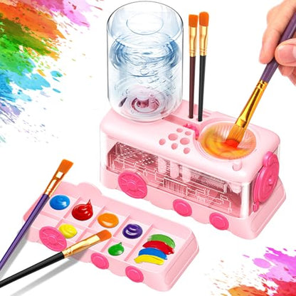 Paint Brush Cleaner Tool, Paint Brush Rinser with Holder, Pink | Water circulation paint brush washer with palette and brush holder for watercolor, acrylic, gouache, beginners and kids. - color: Pink