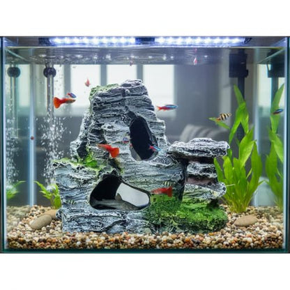 Resin Aquarium Mountain Decor with Moss Rock Cave - Multi-Level Terrain for Fish Tank Landscaping, Natural-Looking Rockery Design with Hidden Cave and Crevices for Shrimp, Reptile Habitat Aquascaping