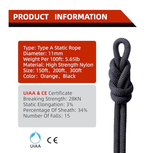 UIAA Static Climbing Rope 11mm, 45M(150FT) Black | Nylon Kernmantle, Rappelling Rope, Survival Rescue Cord, Rock Mountaineering Climbing Hauling - color: Black, size: 11mmx45m