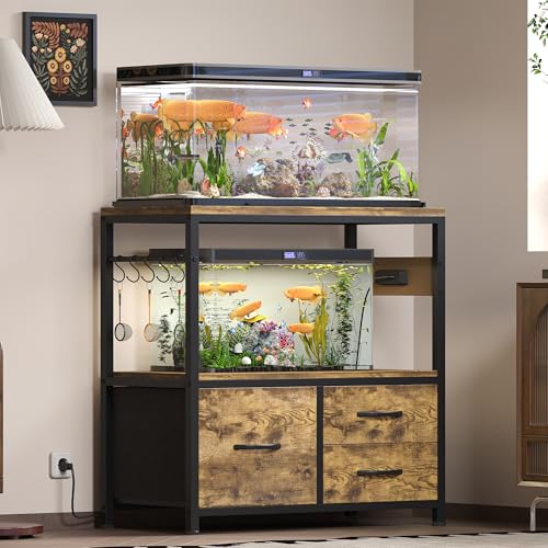 Heybly 20-29Gal Fish Tank Stand with Drawer, Power Outlet,330lbs HAS001SR-1 | Aquarium Stand,Heavy Duty Metal Frame for Fish Tank, Turtle & Reptile Terrarium, 31.5" x 15.7" Top, Rustic Brown - color: Rustic Brown, size: 20-29 gal